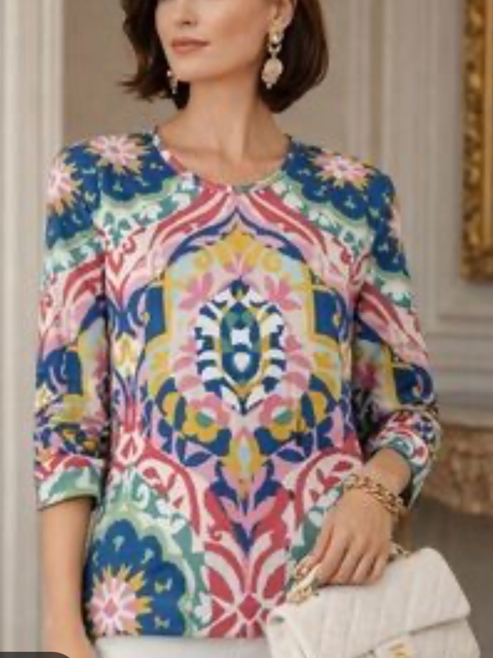 J. McLaughlin Multicolor Abstract Medallion 3/4 Sleeve Top size large